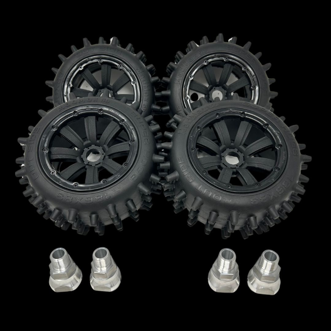 MadMax Super Hog V2 Truck 186mm Spike Wheel/Tyre Set (4) with adaptors