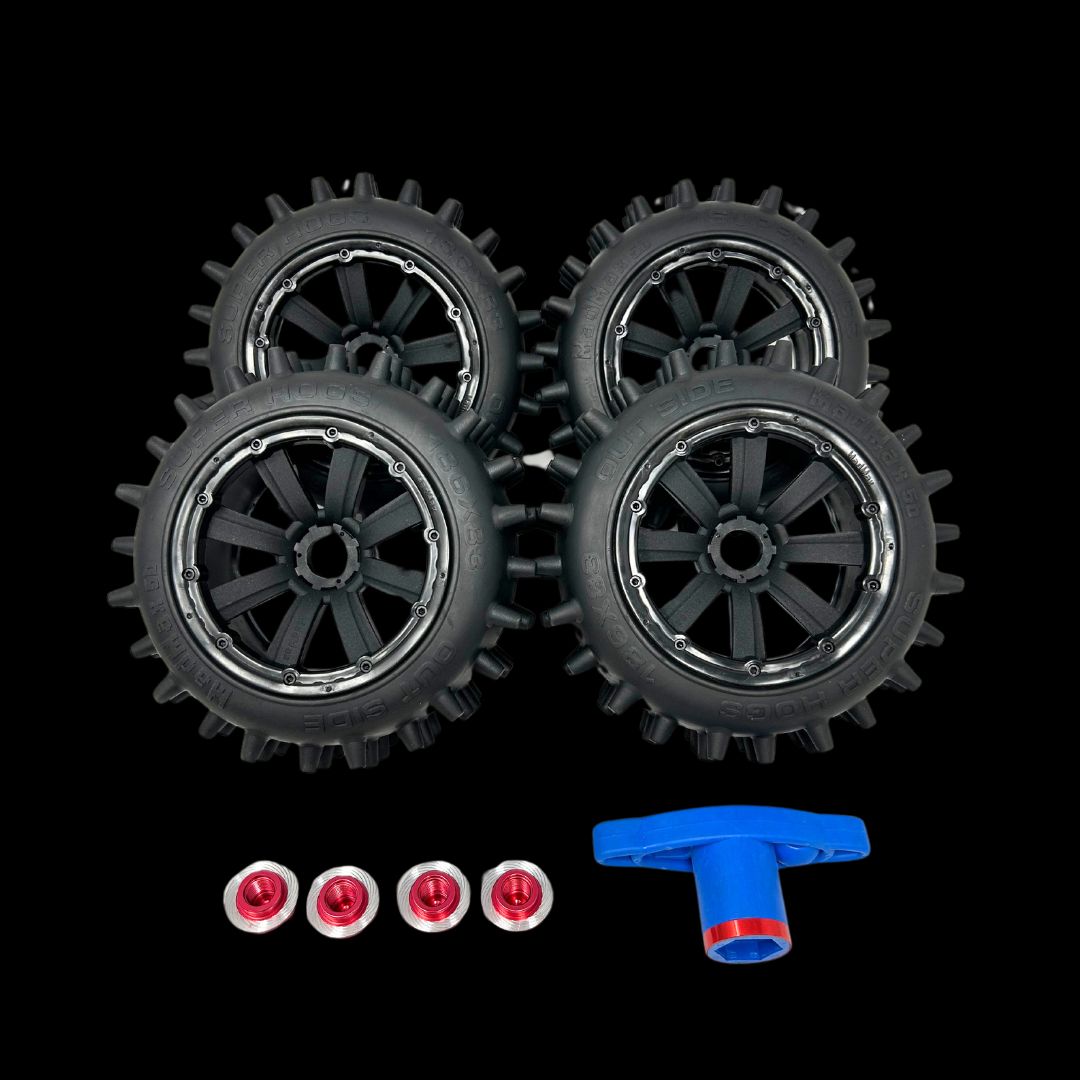 Mad Max Traxxas X-Maxx 186mm Super Hog V2 Spike Wheel/Tyre set with adapters