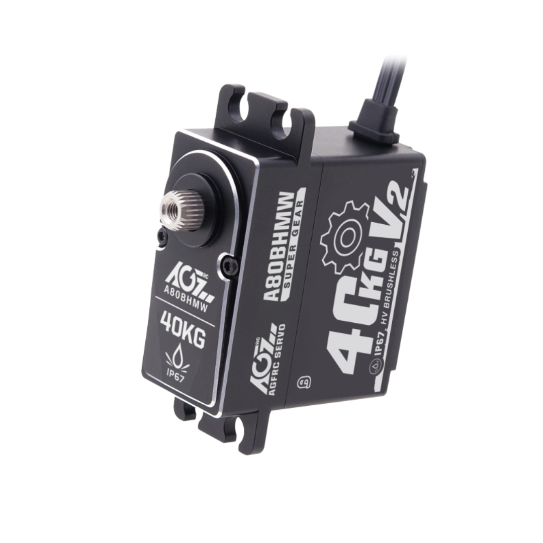 Black servo motor with branding on a white background