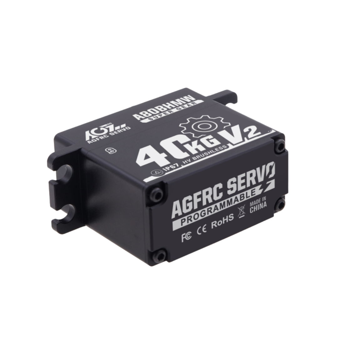 AGFRC servo with branding and specifications on a white background
