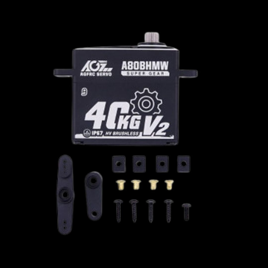 AGFRC A80BHMW V2 40KG Torque Waterproof Servo for RC Vehicles, displayed with components and mounting hardware.