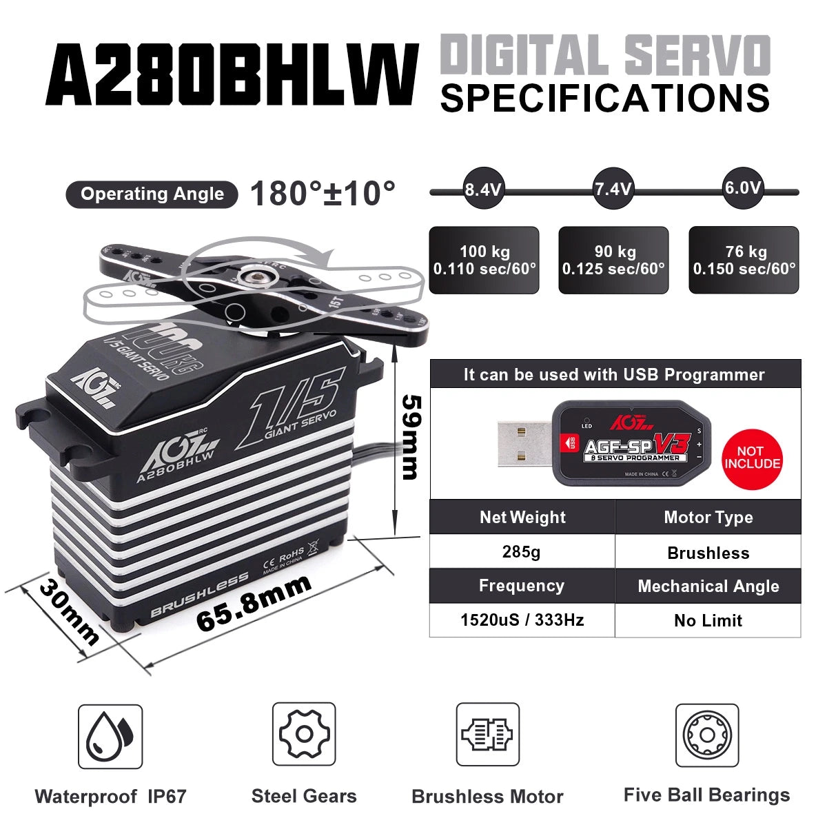 AGFRC Brushless 100KG Billet Servo - A280BHLW