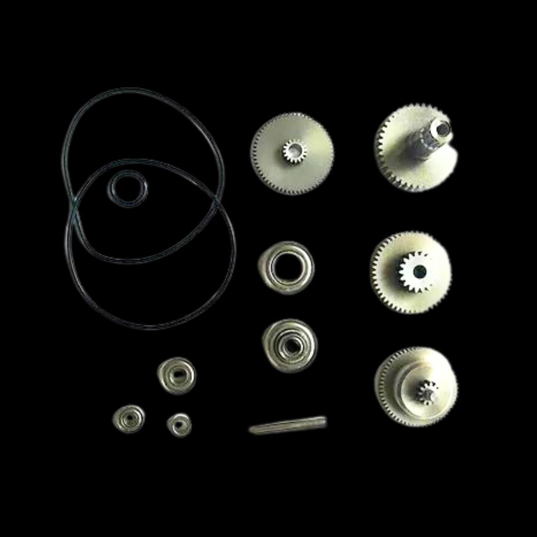 A set of spare gears, bearings, and seals for the AGFRC 78KG Servo A280BHMW, displayed on a dark background.