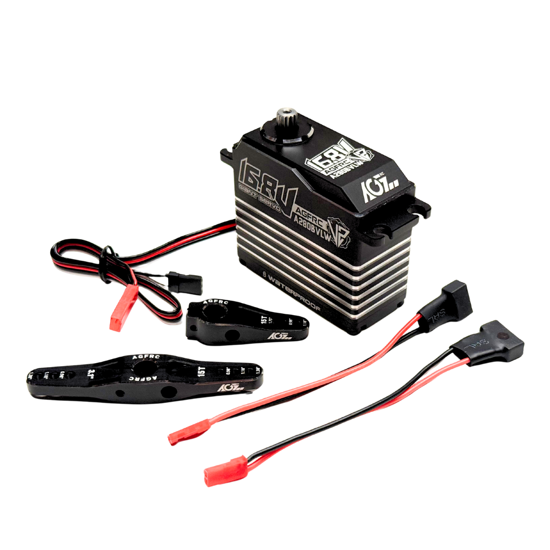 Side view of the AGFRC A280BVLW V2 brushless 250kg billet servo showing its aluminium casing, servo horns and connecting cables.