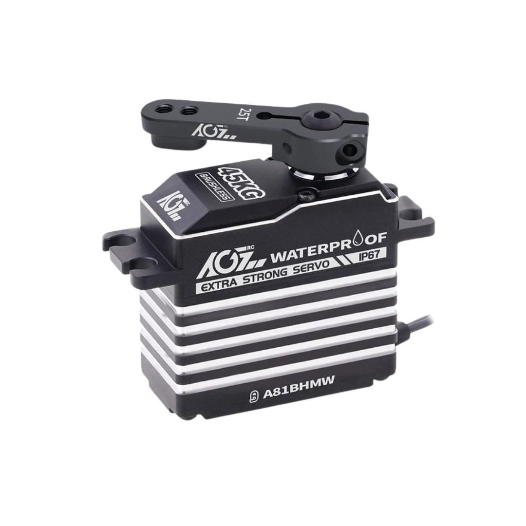 Black servo motor with branding on a white background