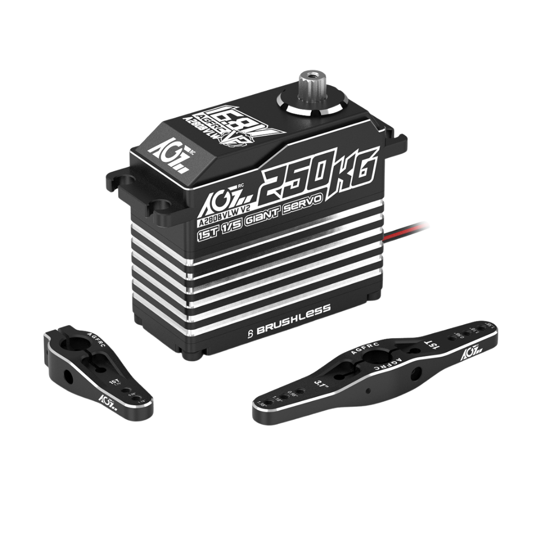 AGFRC K250KG brushless servo motor shown with two black metal arms on a solid white background.