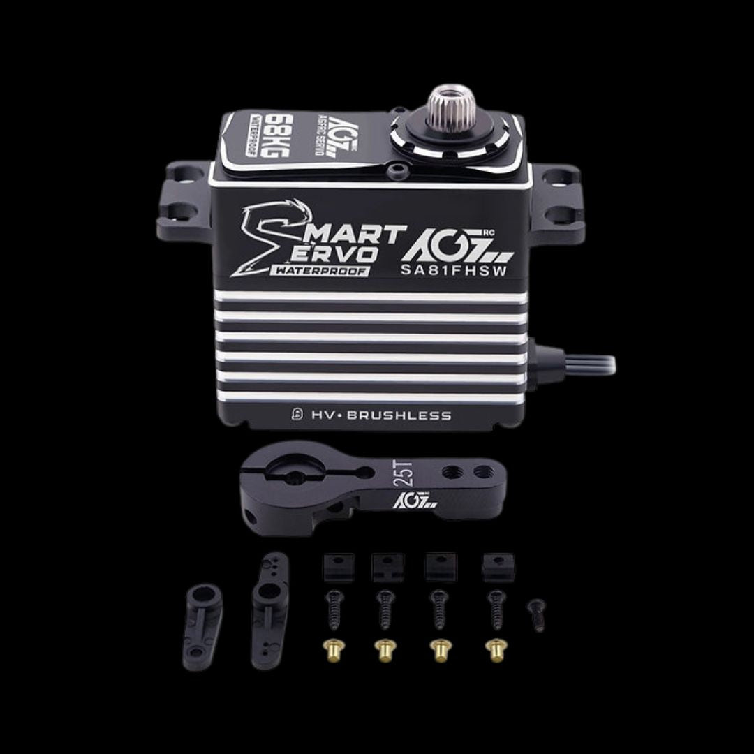 AGFRC Brushless 68kg Billet Primal MT Throttle/Brake Servo with various components laid out, predominantly black in color with white and silver detailing.