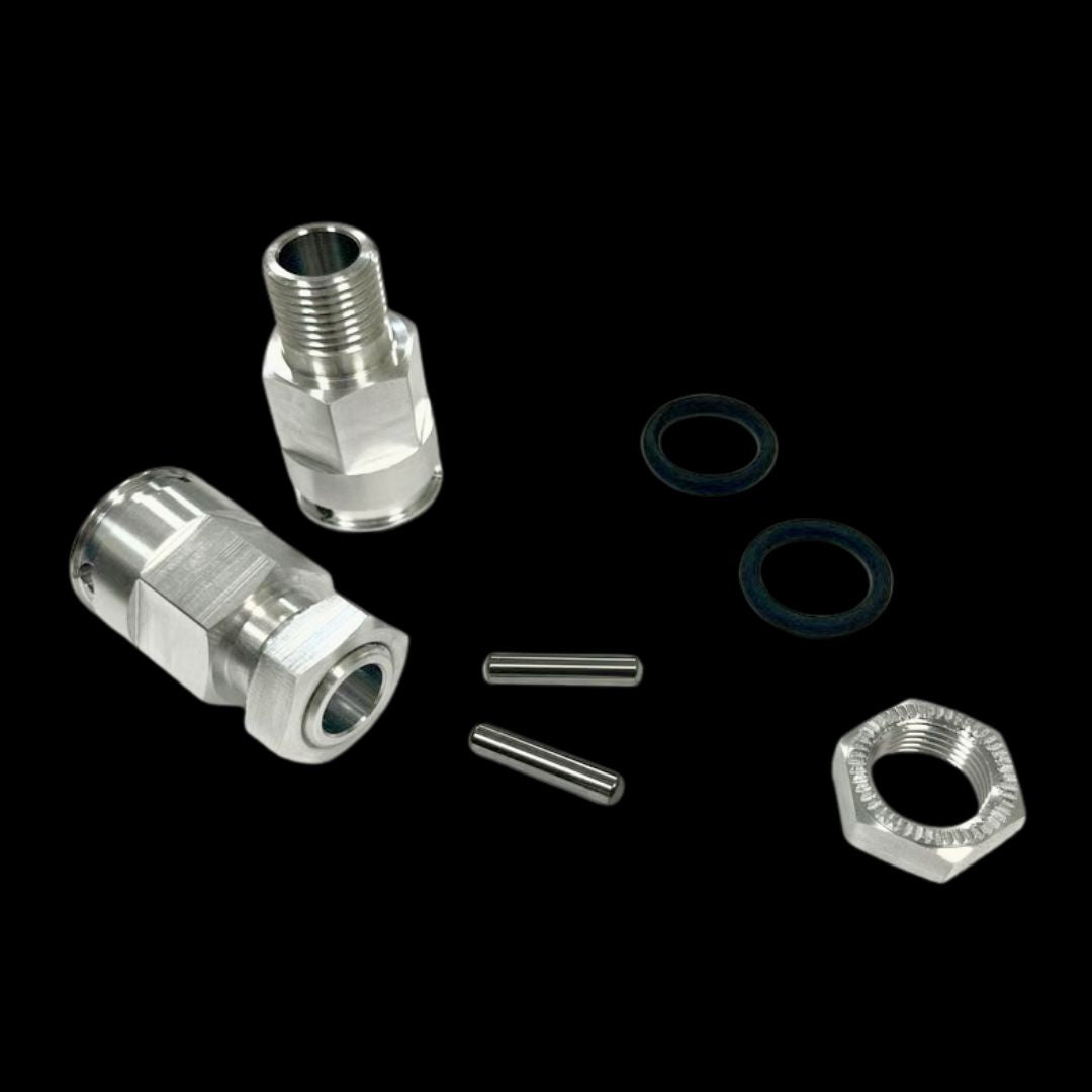 Set of metal hex hub components including two connectors, hardware, and a hex nut on a black background.