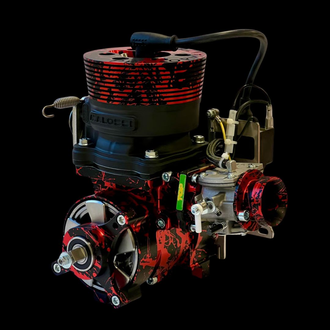 Engine with red and black design on a black background