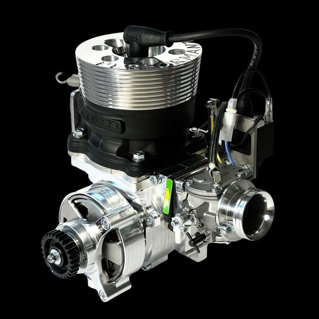 Engine block with various components on a black background