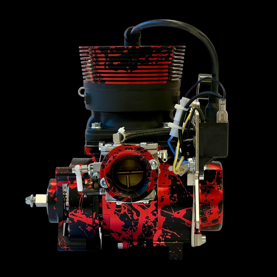 Engine with red and black design on a black background
