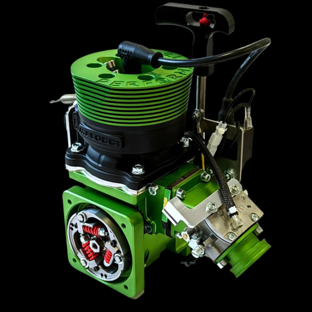 Green and black mechanical device on a white background