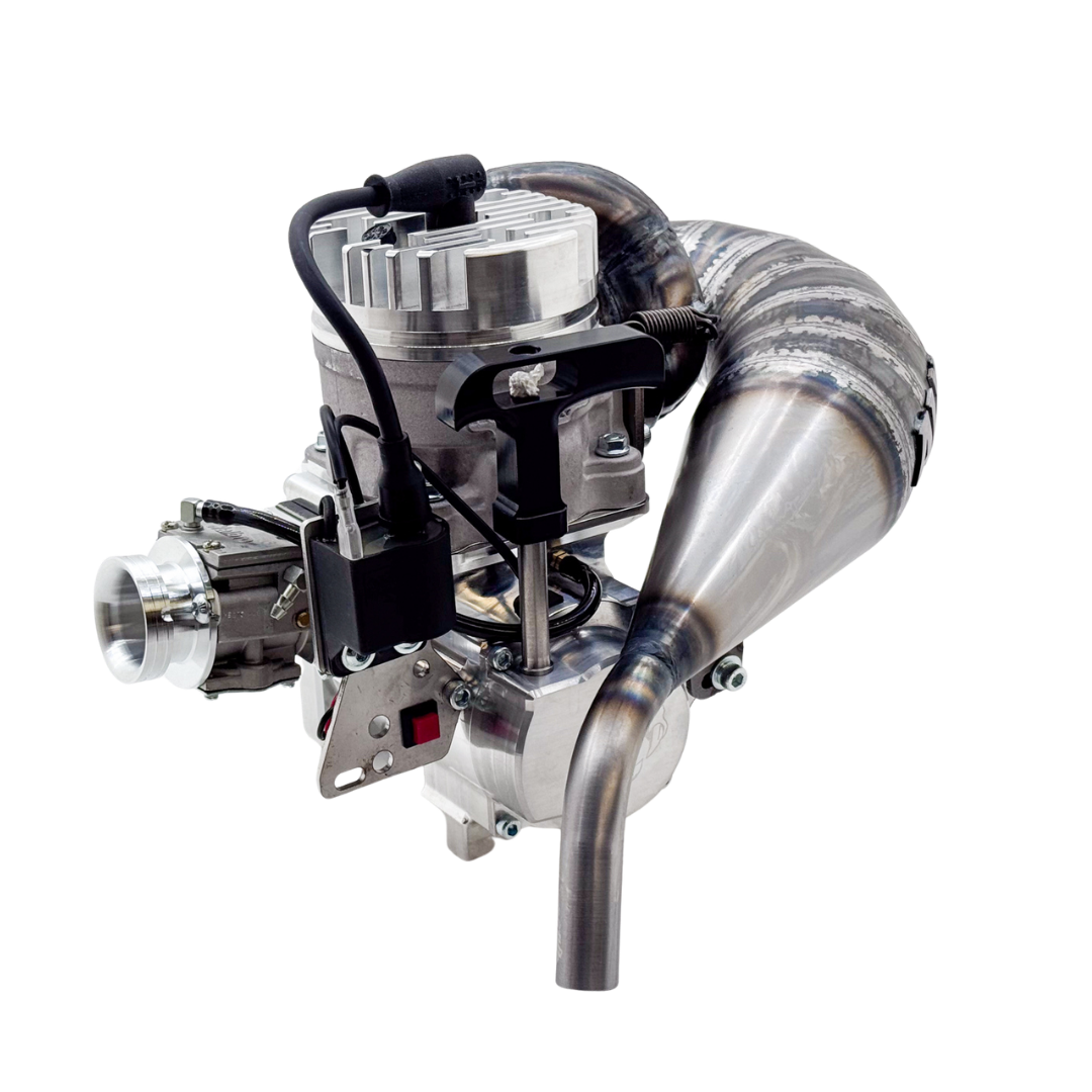 Top angled view of ALX 85cc Malossi GSR46 GoPed engine kit with raw silver billet head