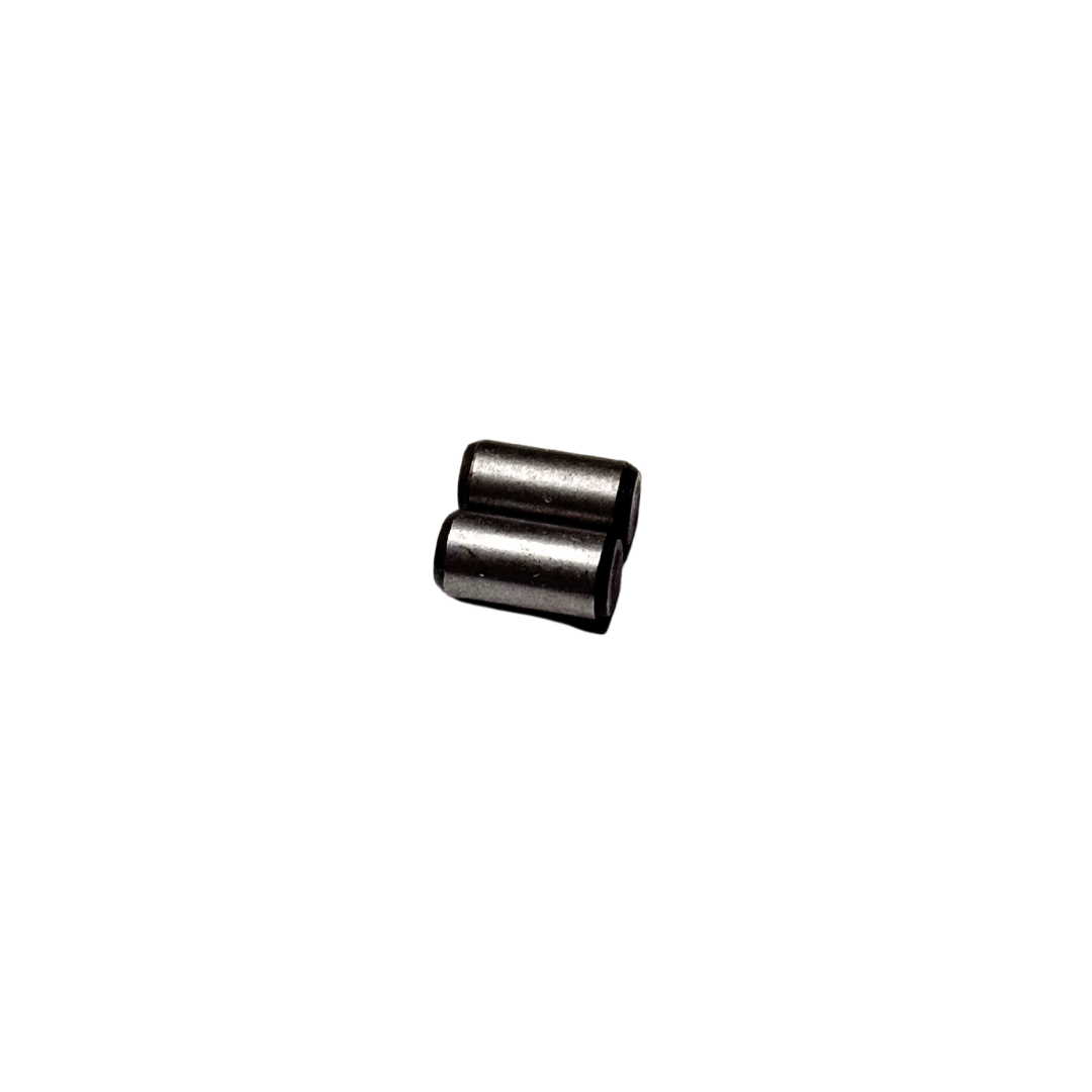 ALX crank case dowel set, 2 pieces, raw silver steel dowel pins shown at an angle