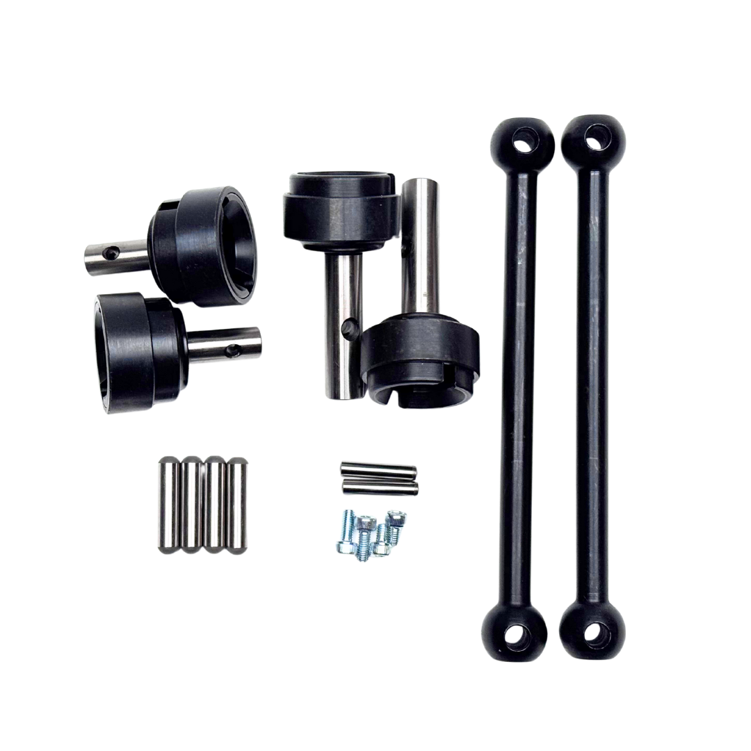 Set of mechanical components including black and metal parts on a white background