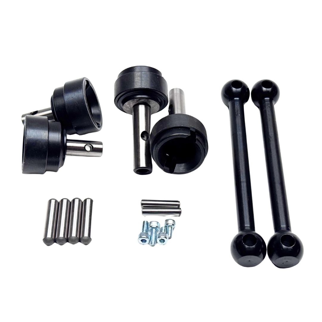 Set of black mechanical components on a white background