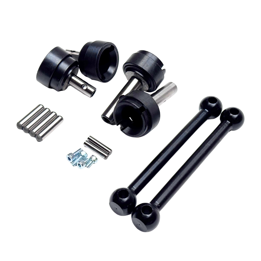 Set of black mechanical components on a white background