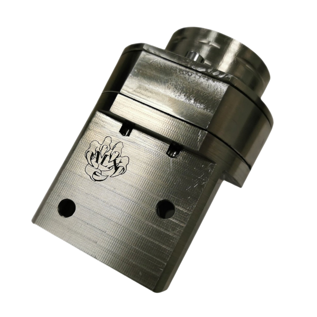 Metallic mechanical component with a logo on a white background