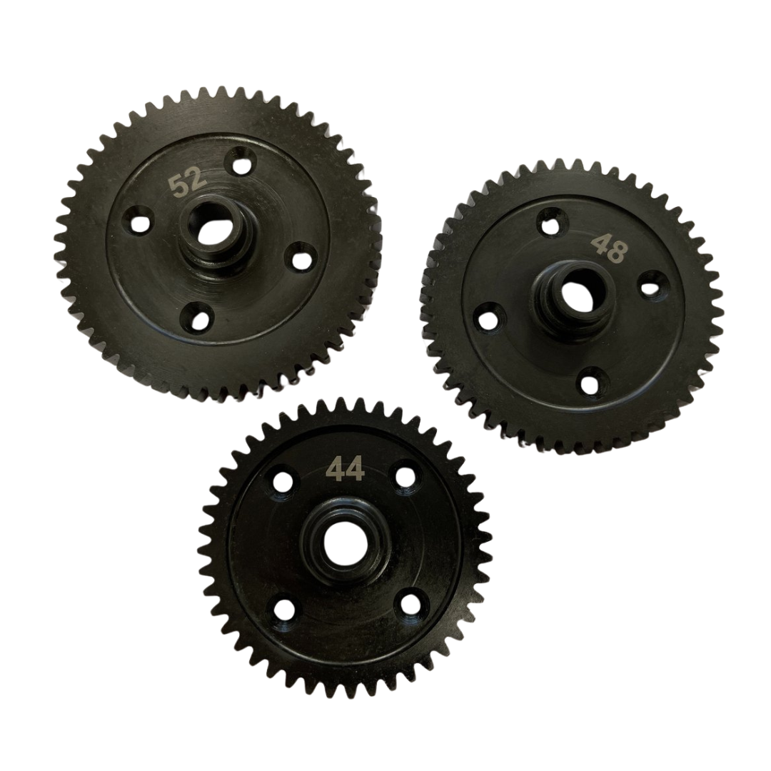 Three black gears with different numbers on a white background
