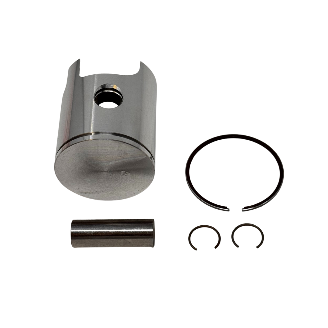 Mechanical components including a piston, rings, and a cylinder on a white background