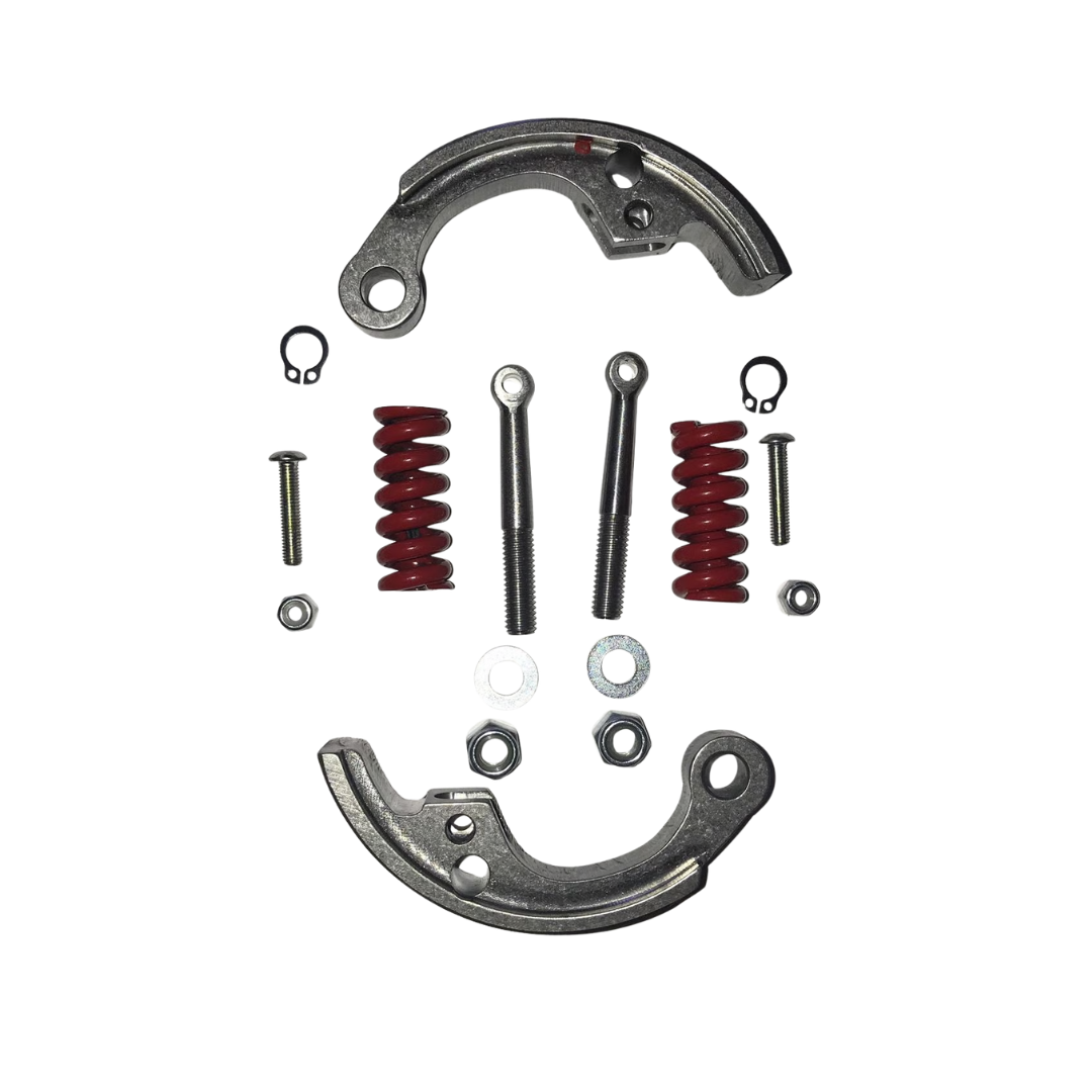 Mechanical parts including metal brackets, springs, and screws on a white background