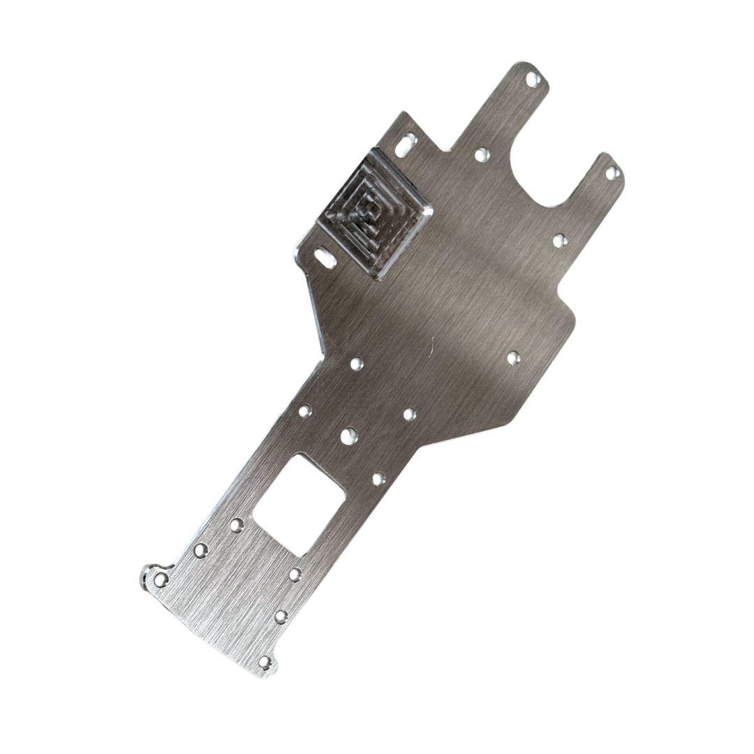 Metal bracket with engraved logo on a white background