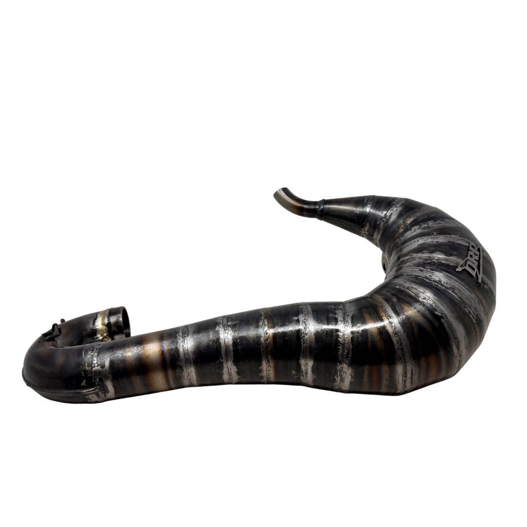 Black and silver curved exhaust with 'DRP' branding on a white background