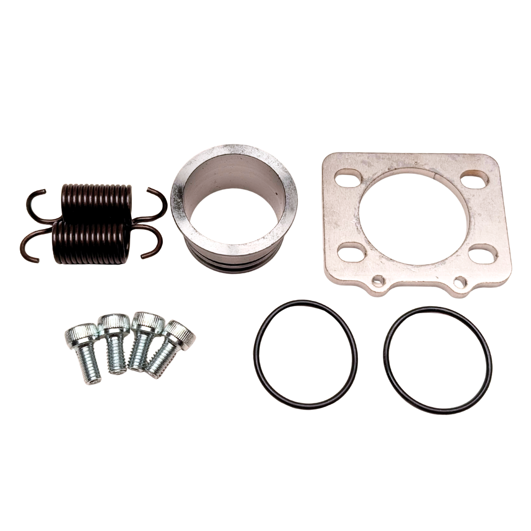 Mechanical parts including a spring, metal sleeve, gasket, and washers on a white background