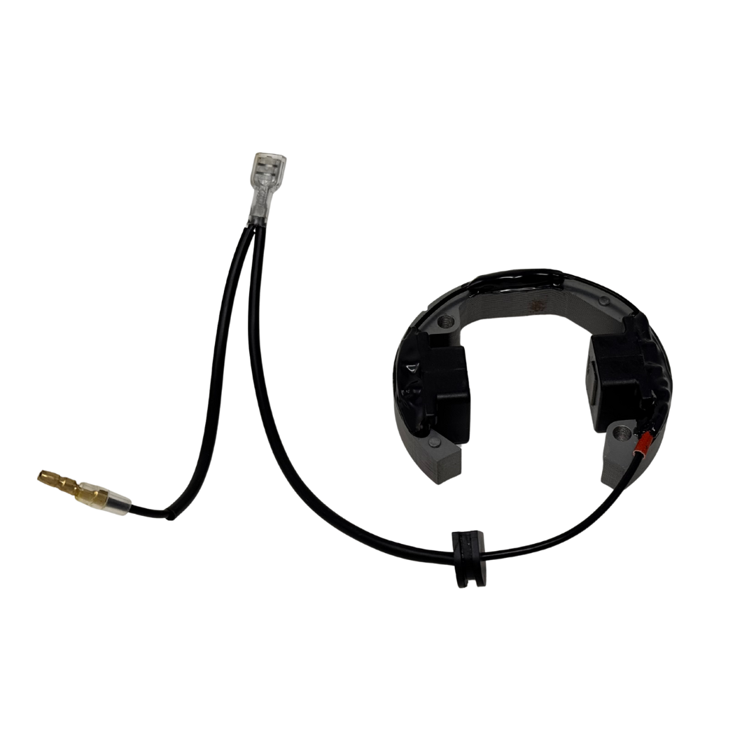 Black ignition coil with connector on a white background