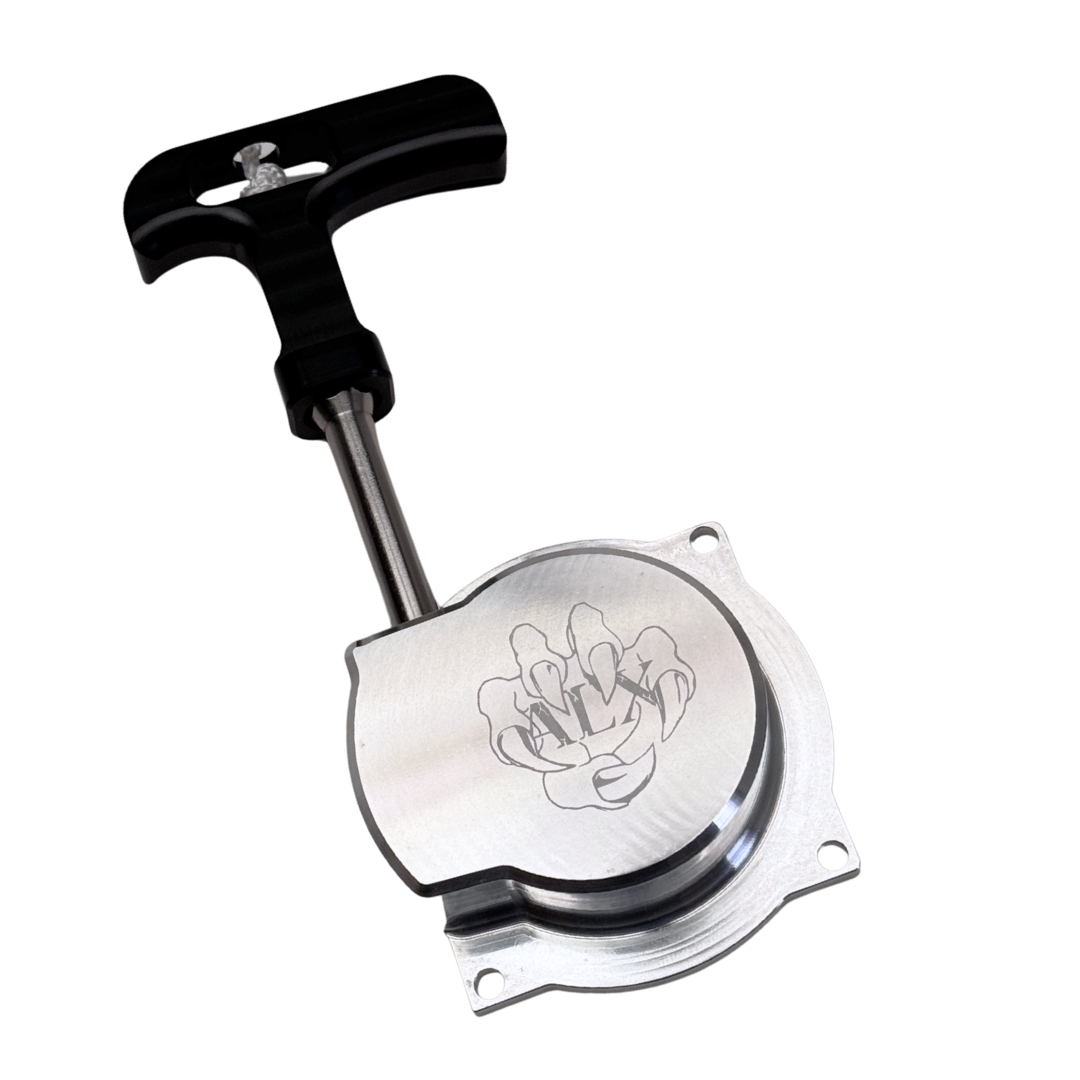 Metallic pull starter with a black handle on a white background