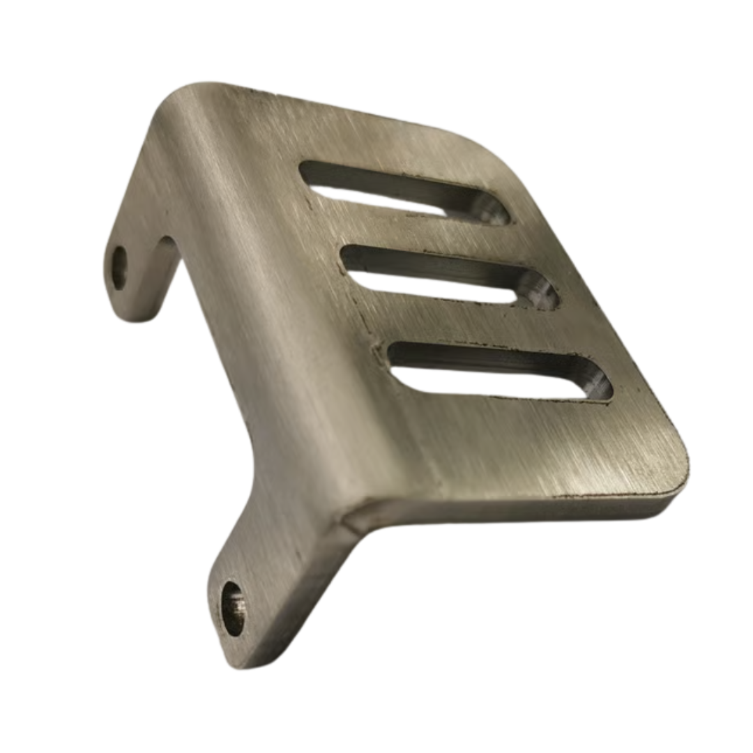 Metallic bracket with cut-out design on a white background