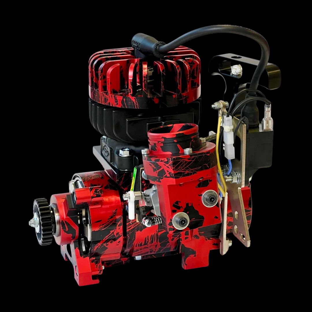 Red and black engine model on a black background