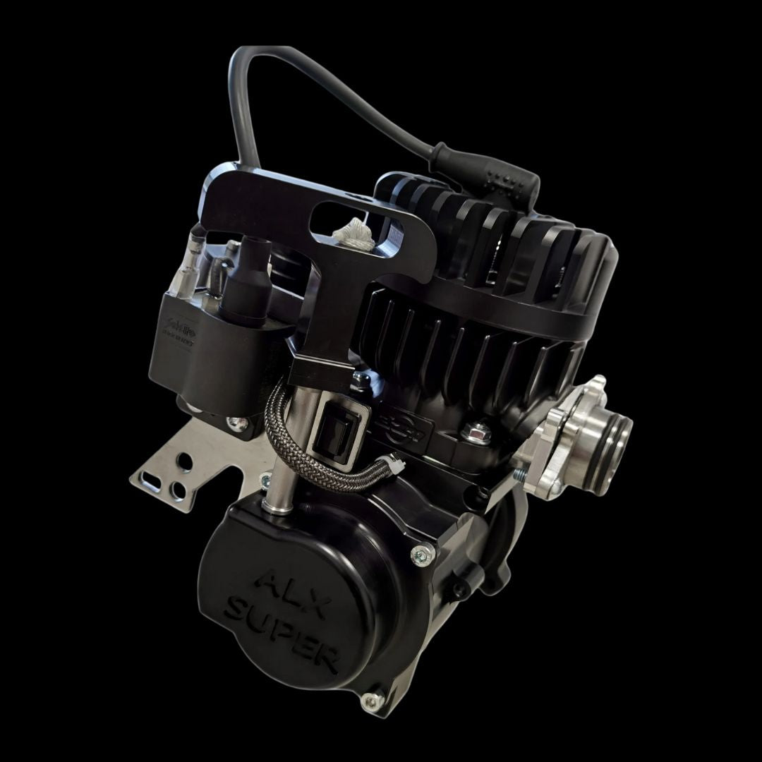 Black and silver mechanical component with 'ALX Super' branding on a black background