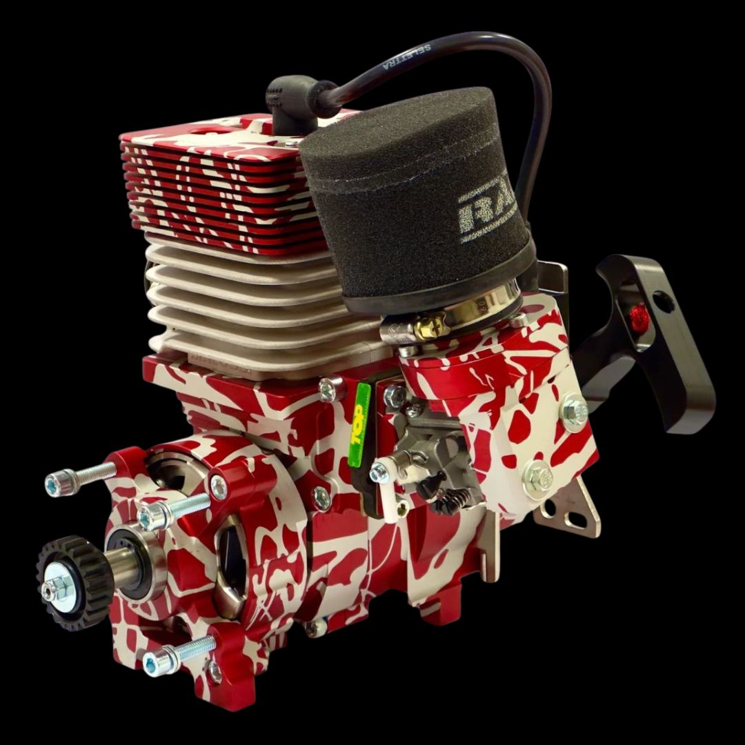 Red and white engine block with visible branding on a black background