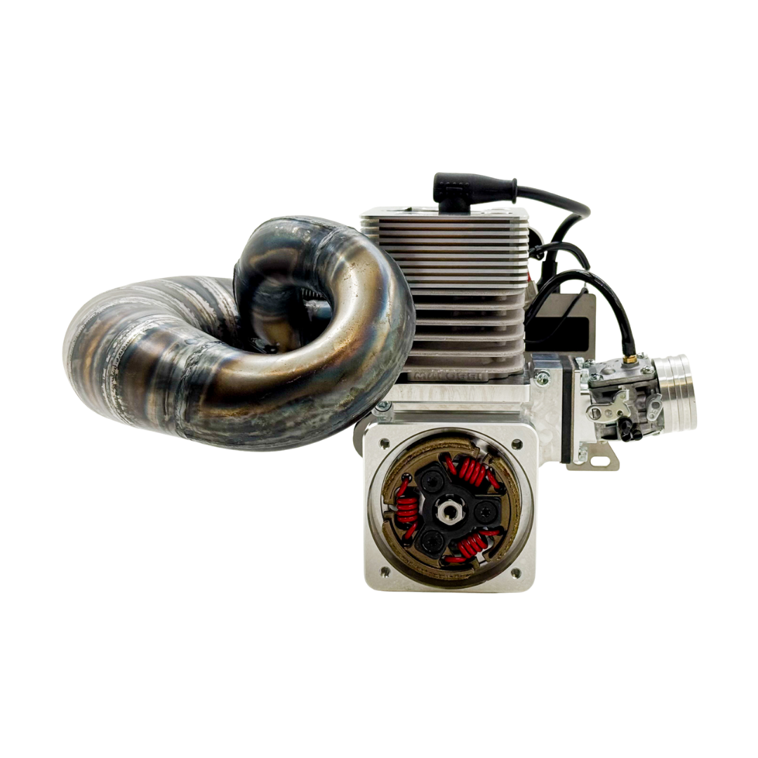 Front view of ALX Super 63 Malossi GSR46 GoPed engine kit showing clutch and carburettor