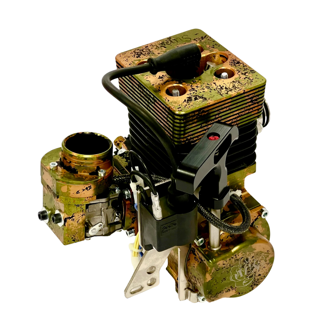 Camouflage-patterned mechanical engine block on a white background