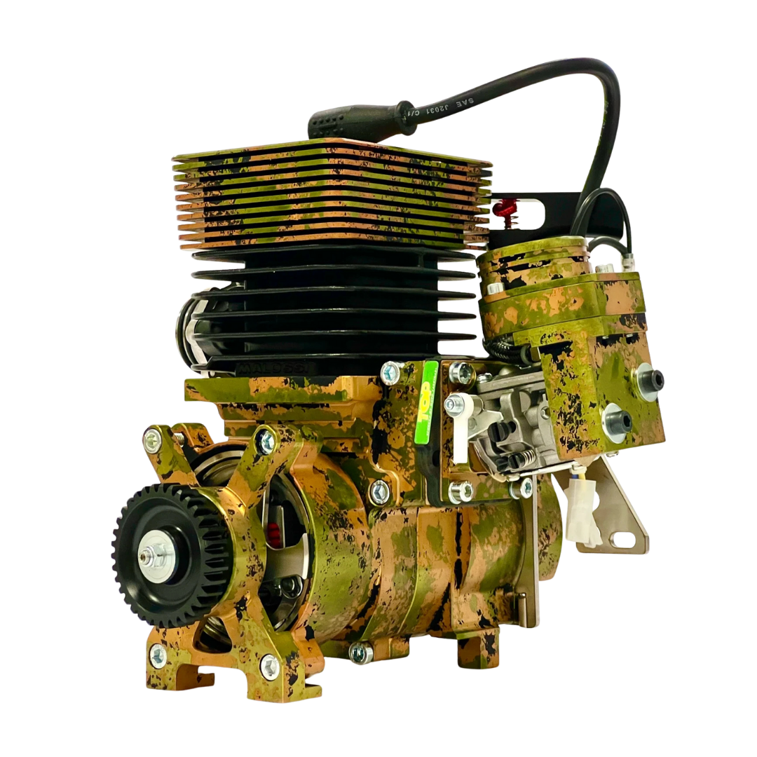 Camouflage-patterned engine on a white background