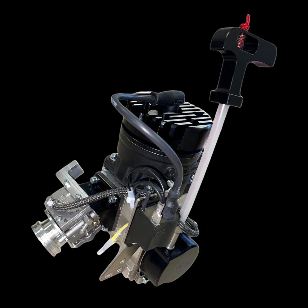 Mechanical device with various components on a black background