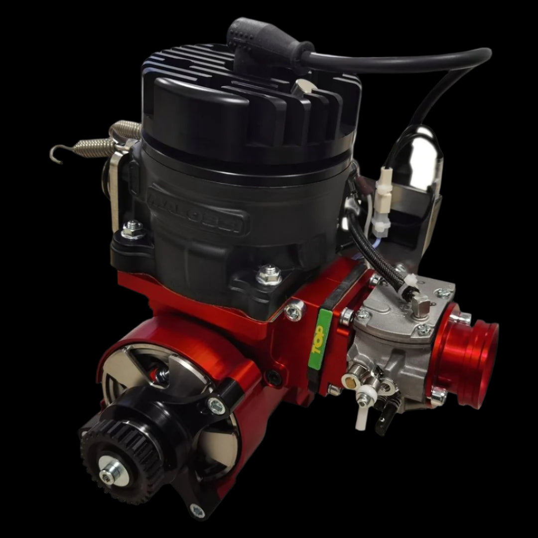 Red and black engine component on a clear background