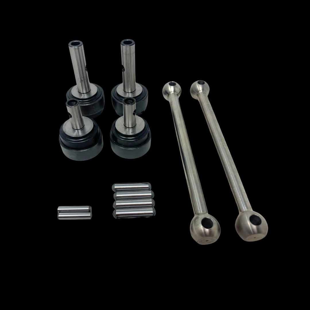 A set of metal dogbone kit parts for a remote control toy, including shafts and pins, displayed on a clear surface.