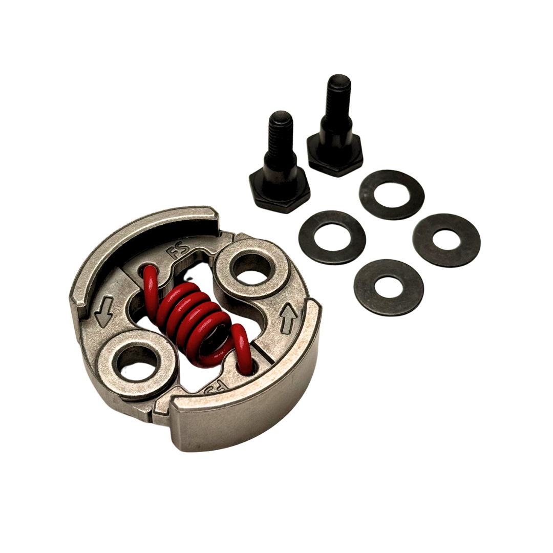 Mechanical component with red spring and black parts on a white background