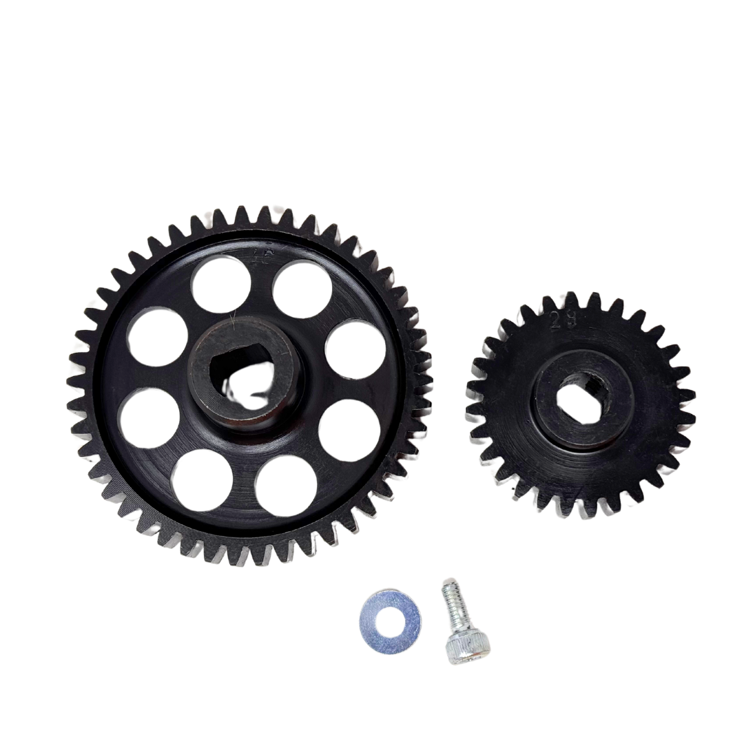 Two black gears with a screw on a white background