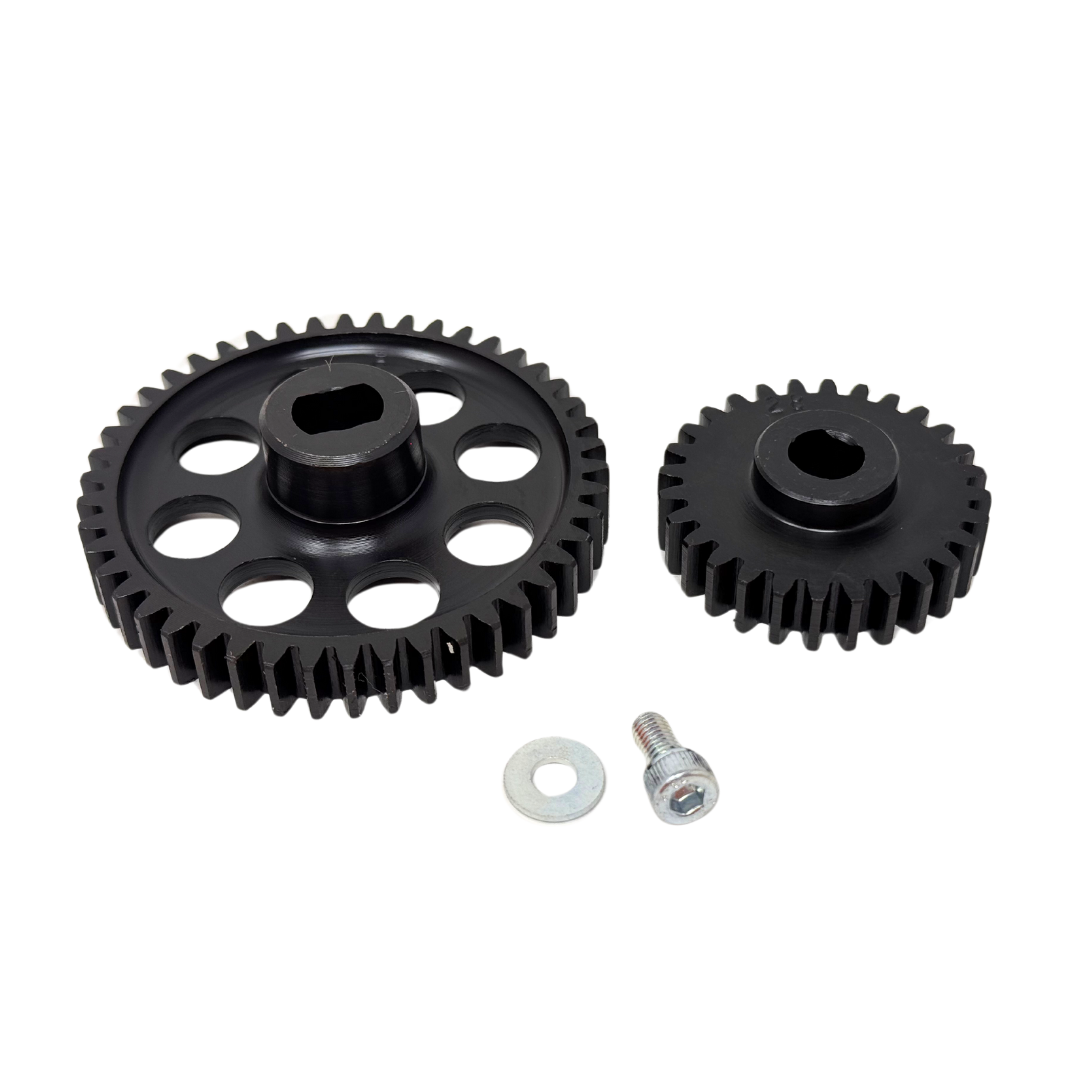 Two black gears with a bolt on a white background