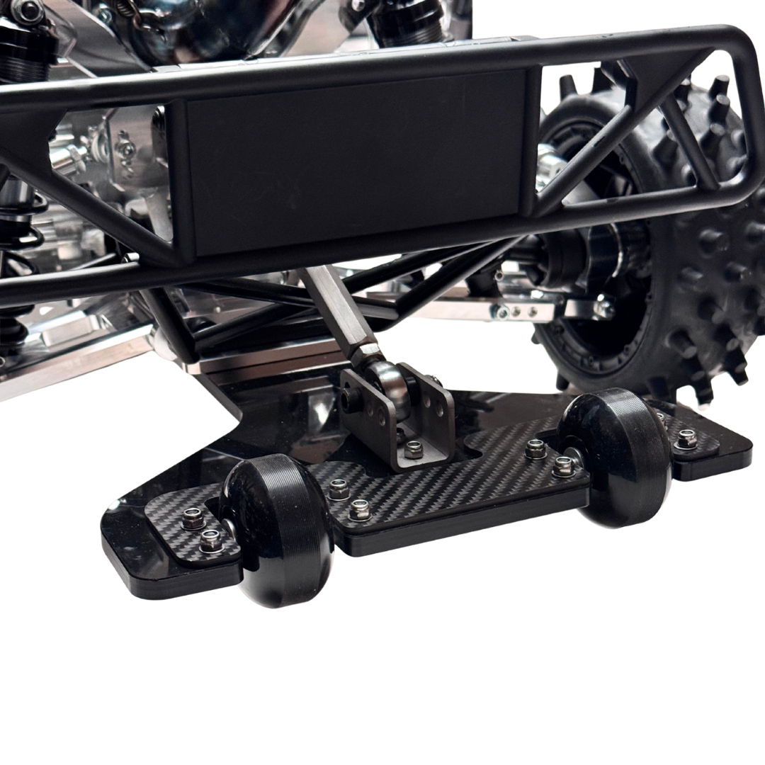 Close-up of wheelie bar and carbon skid plate on Diablo 88 Outlaw V4 ARTR build