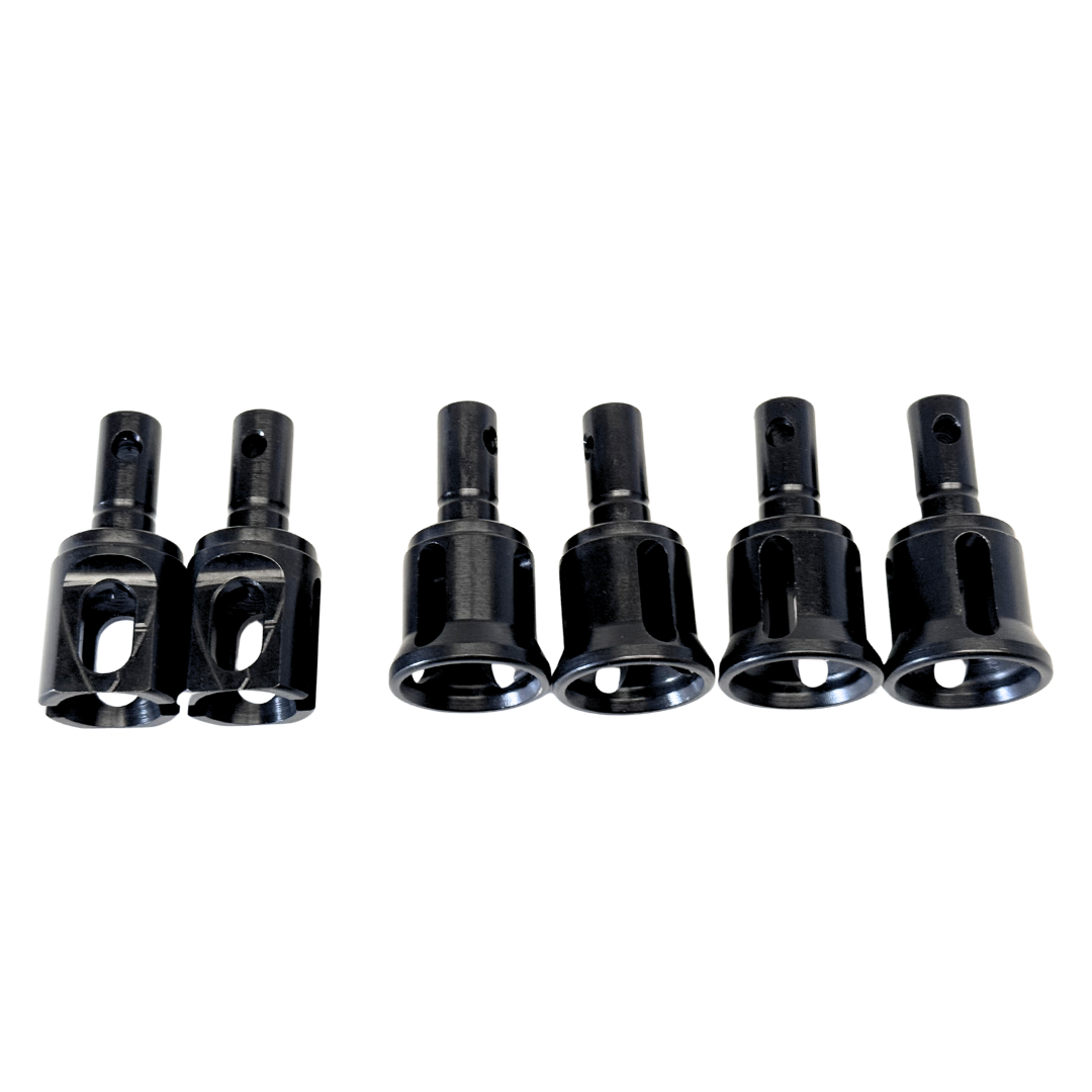 Set of six black metal drill bits on a white background