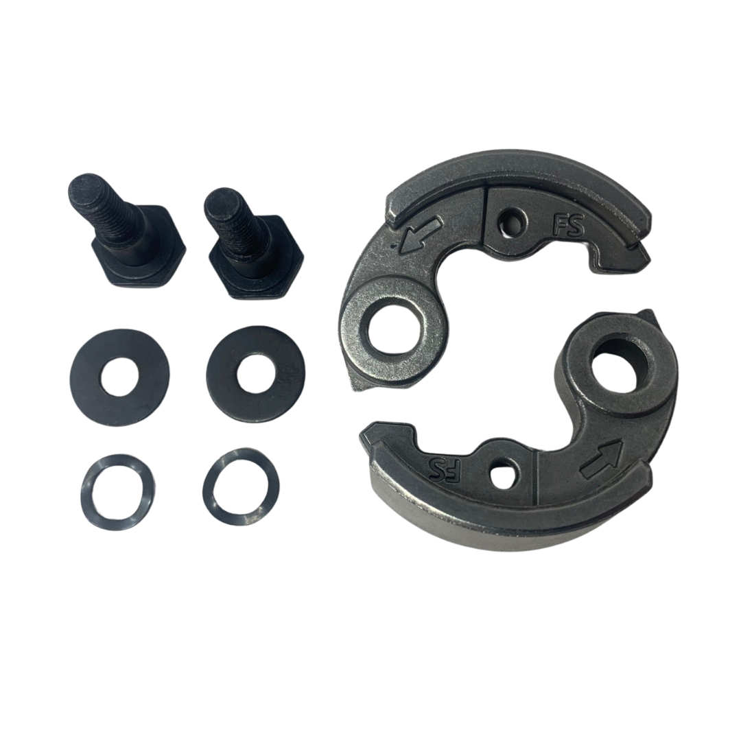 Set of 54mm clutch shoes including two large metal washers, two smaller metal washers, and two black bolts on a white background.