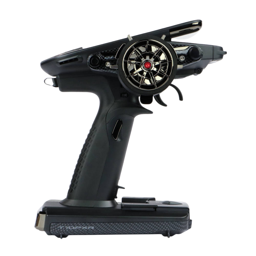 Black remote control transmitter on a white background