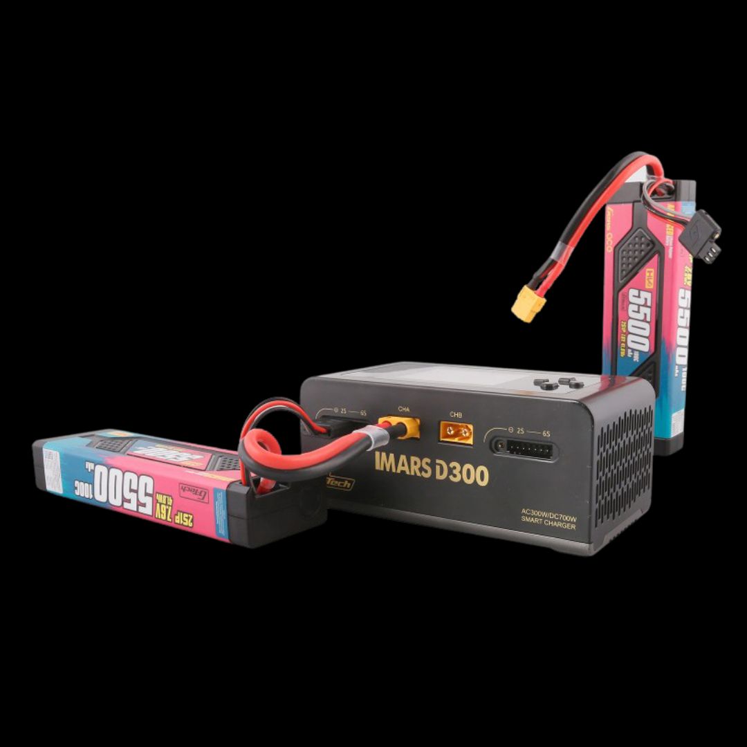 Battery charger with two batteries on a black background