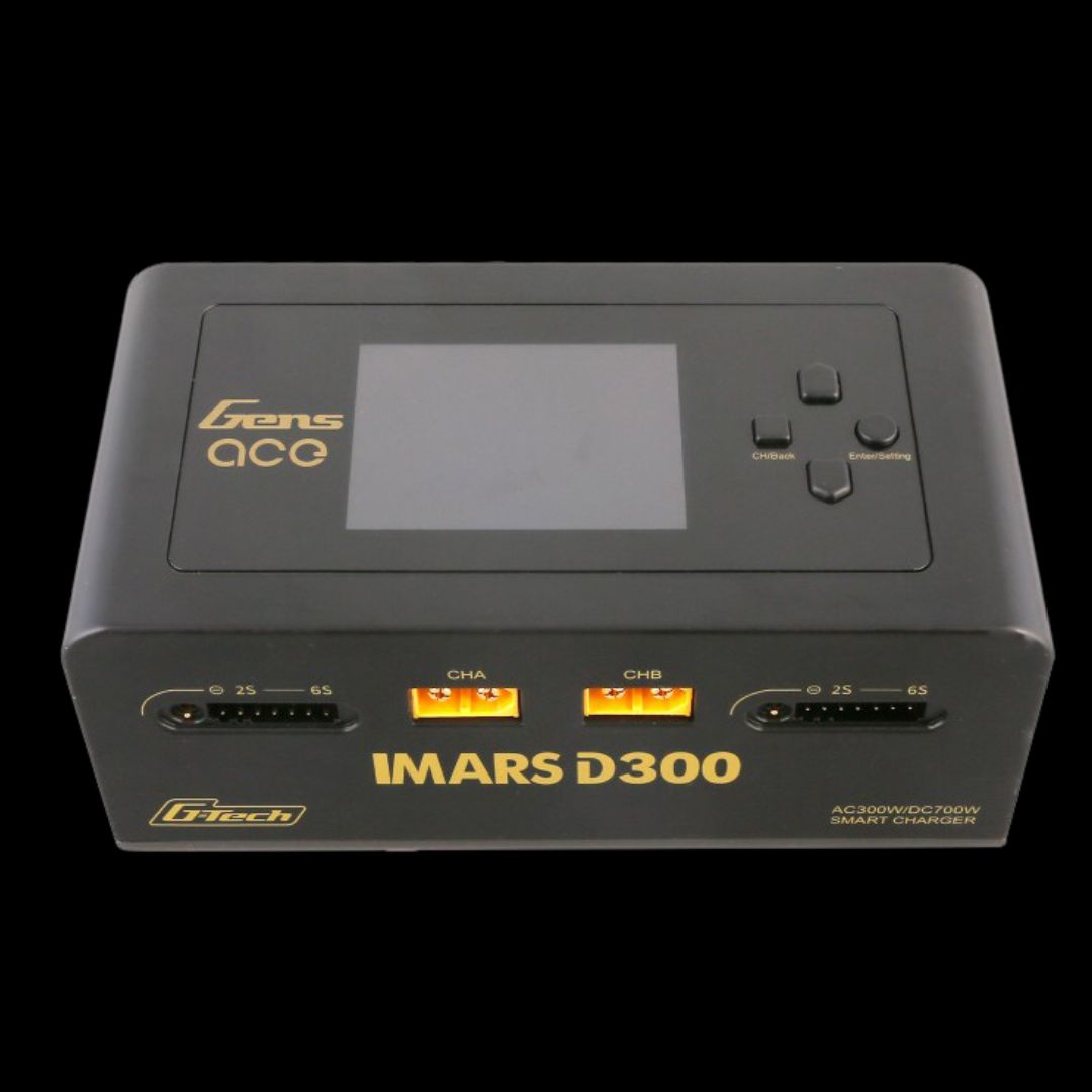 Black battery charger with display and ports on a black background