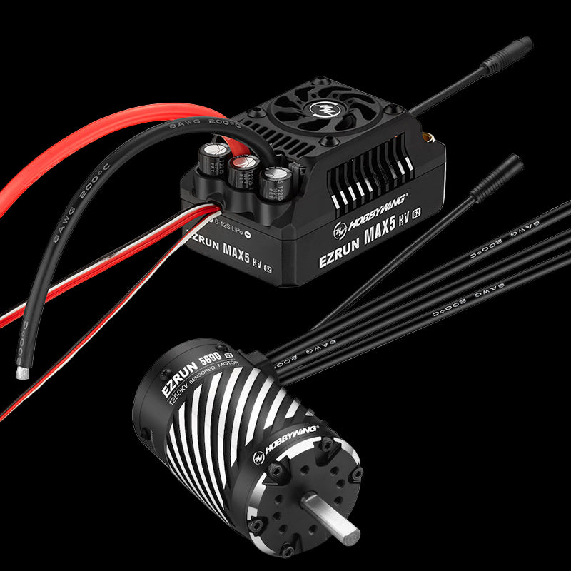 Two black electronic components with wires on a white background, featuring the HobbyWing brand.
